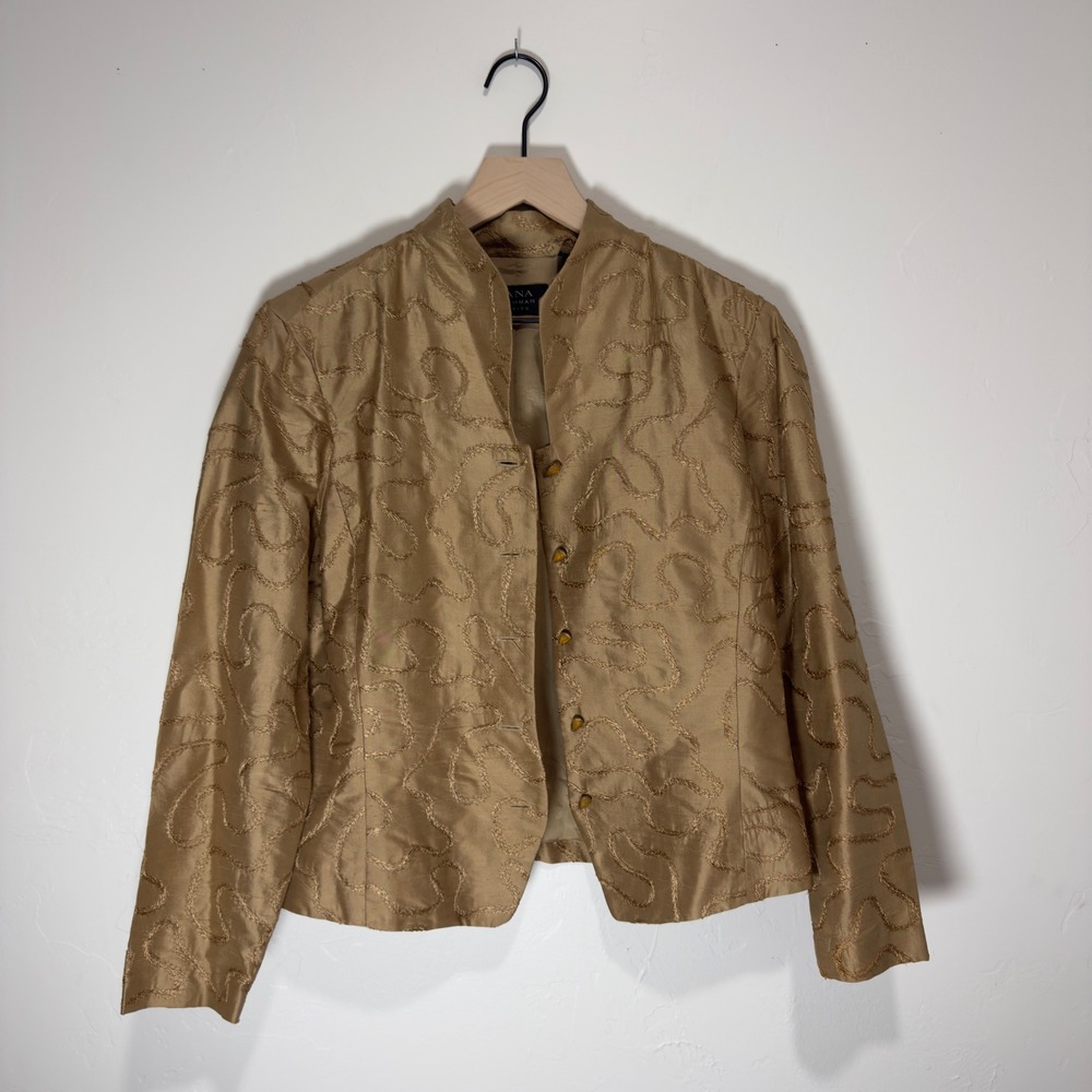 Dana Buchman Petite Gold Silk Embroidered Blazer Mandarin Collar Evening Jacket